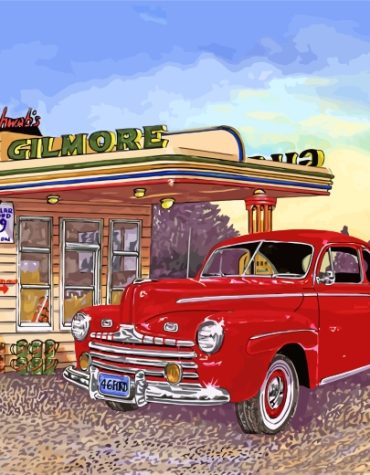 Red Car at Gas Station Paint By Numbers