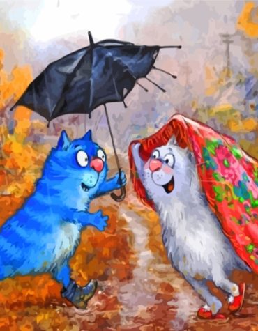 Blue Cats With Umbrellas Paint By Numbers