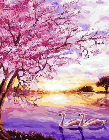 Romantic Cherry Tree Lake Scene Paint By Numbers