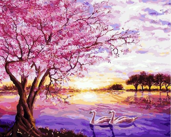 Romantic Cherry Tree Lake Scene Paint By Numbers