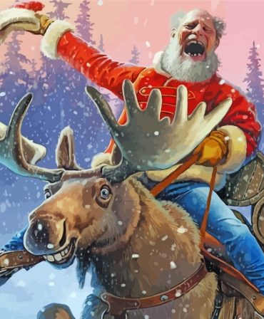 Christmas Elk and Santa Winter Scene Paint By Numbers