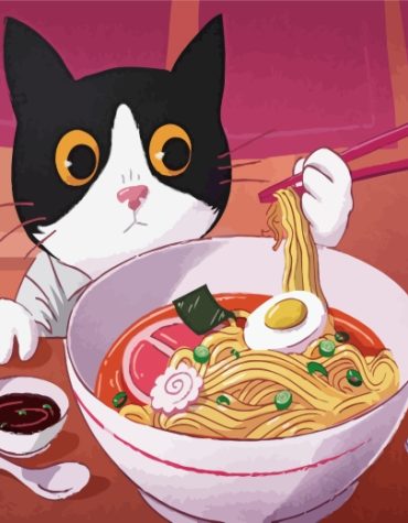 Cute Cat with Ramen Noodles Paint By Numbers
