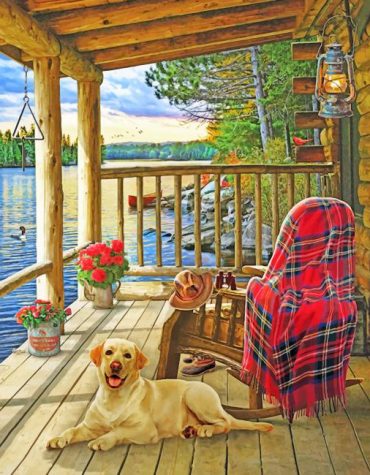 Dog in Wooden Cabin by Lake Paint By Numbers