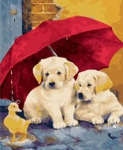 Dogs and Birds Under Red Umbrella Paint By Numbers