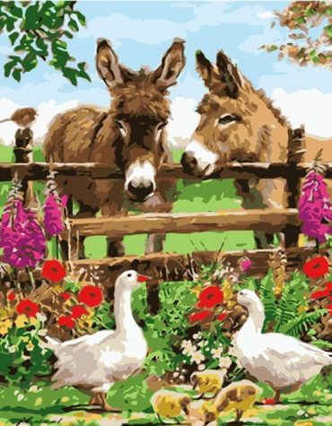 Farm Donkeys in Rural Scene Paint By Numbers
