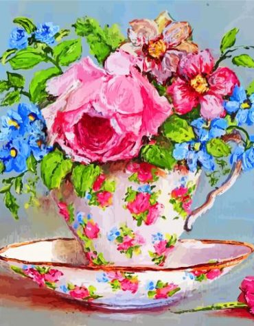Pink Floral Teacup Paint By Numbers