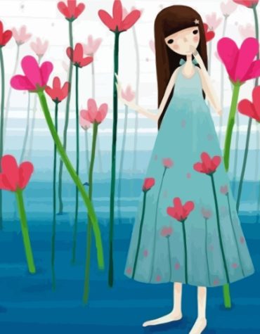 Anime Girl with Pink Flowers Paint By Numbers