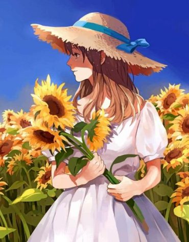 Anime Girl with Sunflowers Paint By Numbers