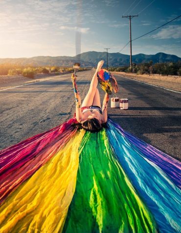 Girl Drawing Rainbow on Road Paint By Numbers