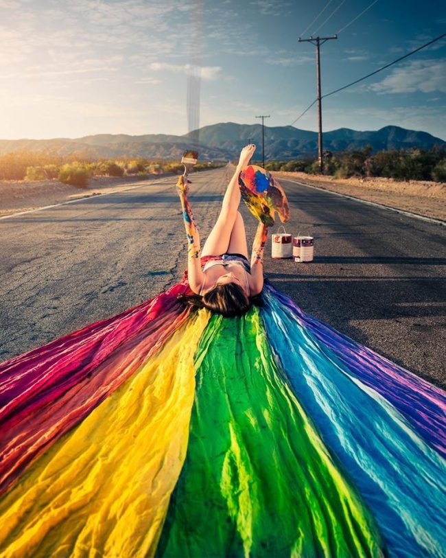 Girl Drawing Rainbow on Road Paint By Numbers