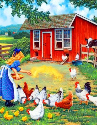 Girl with Chickens and Rooster Paint By Numbers