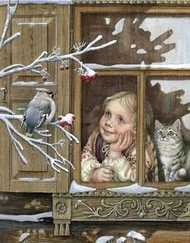 Girl Looking Out Snowy Window Paint By Numbers