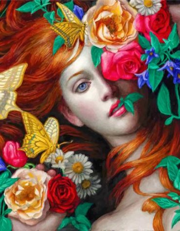 Girl With Flowers and Butterflies Paint By Numbers