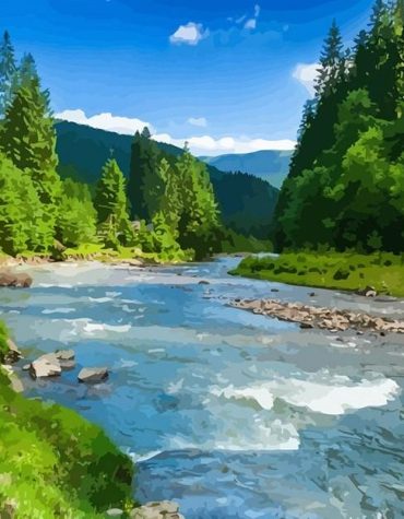 Green Forest River Landscape Paint By Numbers