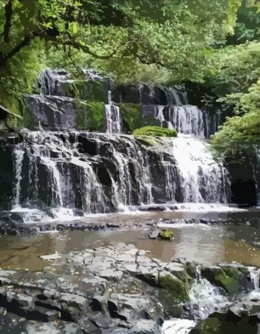 Green Waterfall Nature Scenery Paint By Numbers