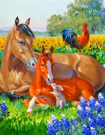 Foal and Roosters Paint By Numbers