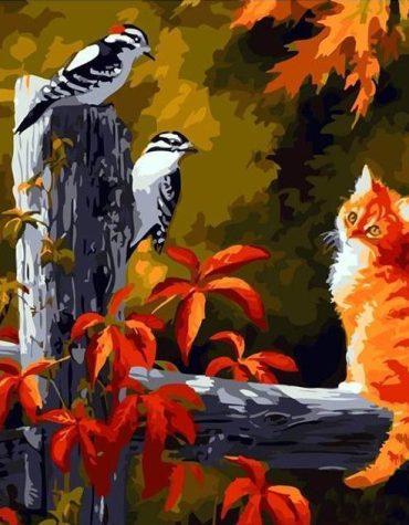 Kitten and Birds Delight Paint By Numbers
