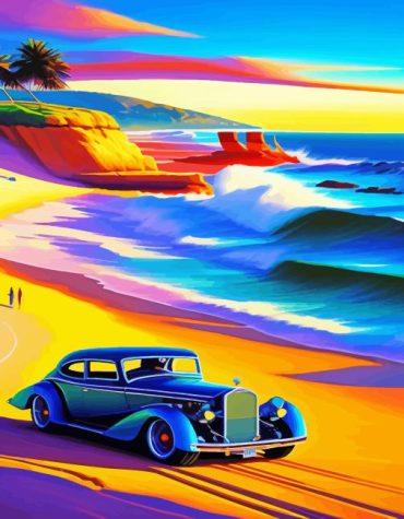 Colorful Old Car Seascape Paint By Numbers