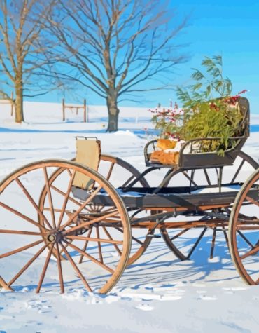 Old Wagon Winter Scene Paint By Numbers