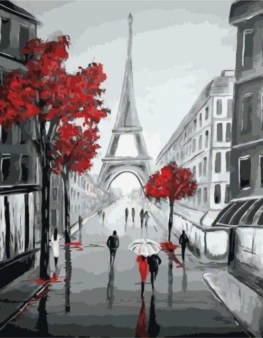 Paris City Scene in Red Paint By Numbers