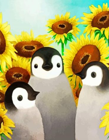 Cartoon Penguin Sunflowers Paint By Numbers