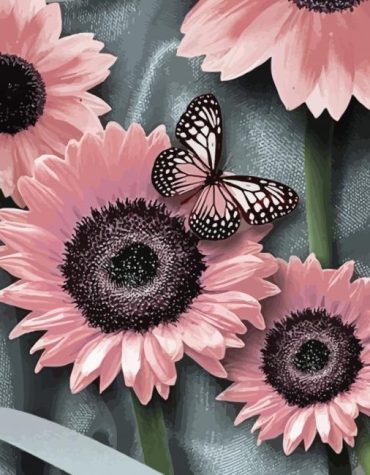 Pink Sunflowers and Butterfly Paint By Numbers