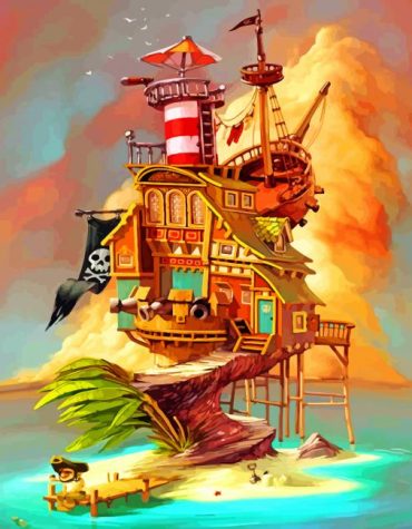 Island Pirate Ship House Paint By Numbers