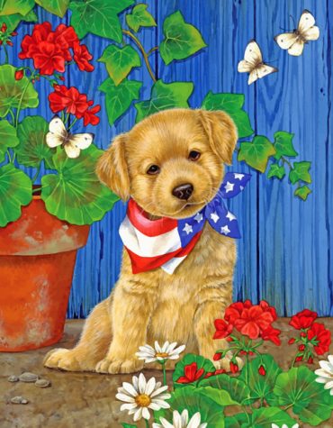 Puppy in Flower Garden Paint By Numbers