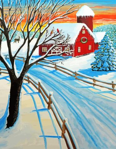 Red Barn Winter Landscape Paint By Numbers