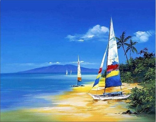 Sailboat on Ocean Shore Paint By Numbers