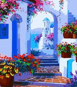 Santorini Greece Flower Path Paint By Numbers