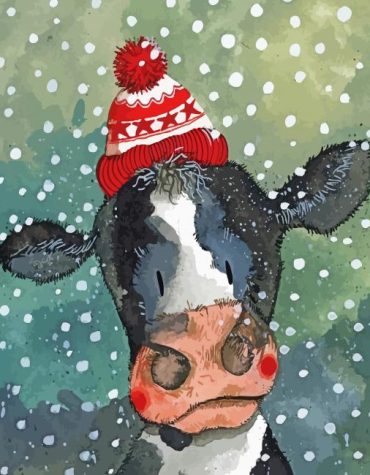 Christmas Cow in Snowy Landscape Paint By Numbers