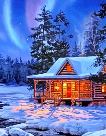 Winter Log Cabin Scene Paint By Numbers