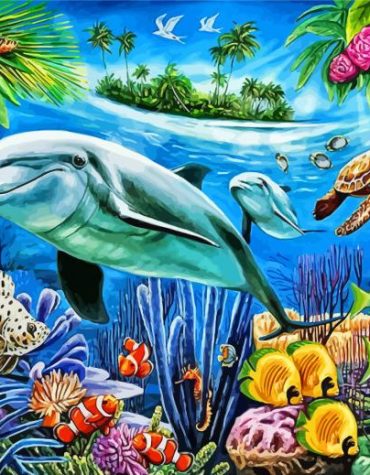 Turtle and Dolphin Ocean Scene Paint By Numbers