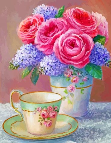 Vintage Pink Flowers with Tea Cup Paint By Numbers
