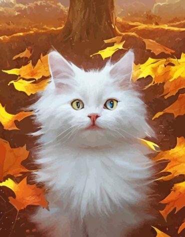 White Cat with Autumn Leaves Paint By Numbers