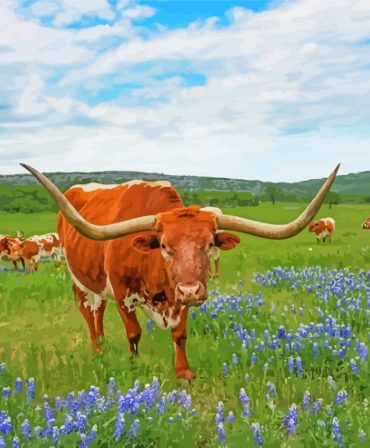 Aesthetic Longhorns in Bluebonnet Field Paint By Numbers