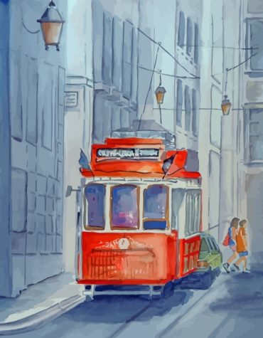 Aesthetic Red Tram Cityscape Paint By Numbers