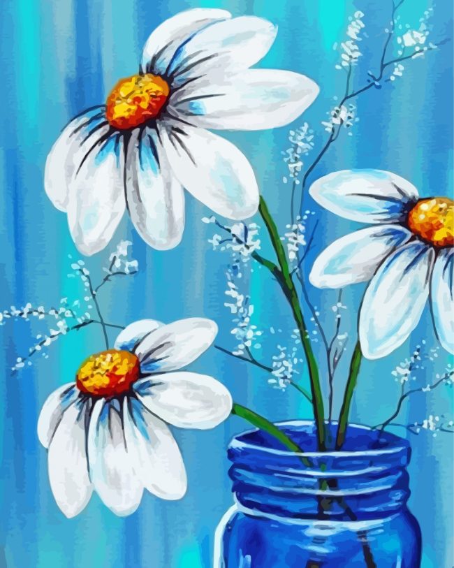 Daisy Flowers in Blue Jar Paint By Numbers