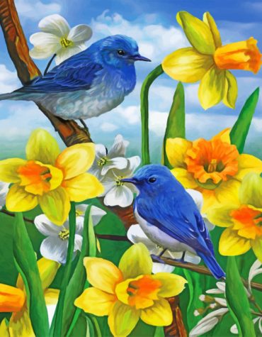 Bluebirds and Daffodils Paint By Numbers