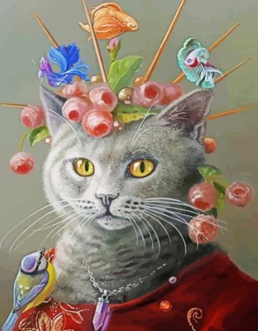 Grey Cat and Fish Theme Paint By Numbers