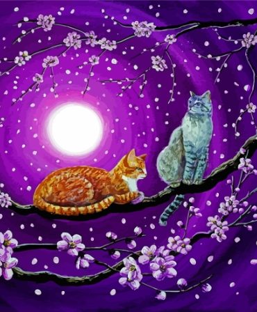 Moonlit Cats in Cherry Tree Paint By Numbers