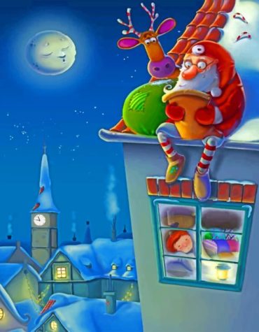 Santa Claus and Deers Under the Moon Paint By Numbers