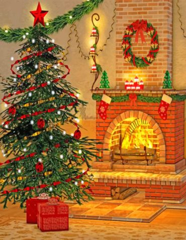 Cozy Fireplace by the Christmas Tree Paint By Numbers