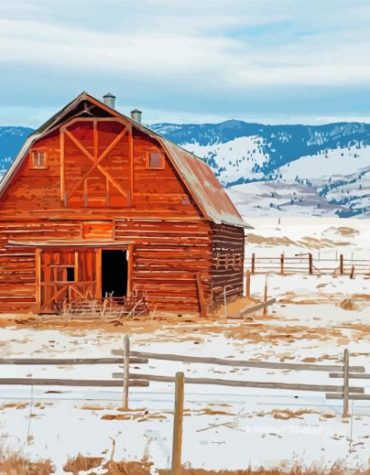 Montana Barn With Snowy Mountains Paint By Numbers