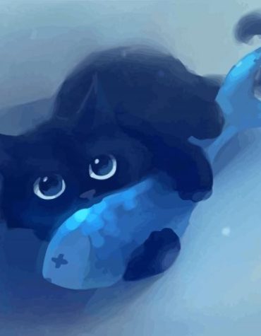 Adorable Black Kitten and Fish Paint By Numbers
