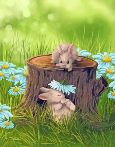 Adorable Rabbits and Blooming Flowers Paint By Numbers