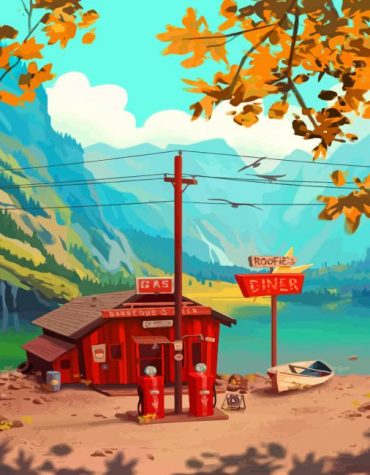 Lakefront Gas Station Scene Paint By Numbers