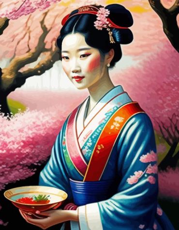 Japanese Lady in Pink Flowers Paint By Numbers