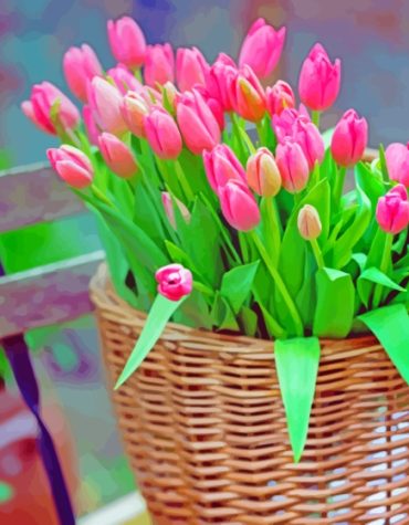 Pink Basket of Tulips Paint By Numbers